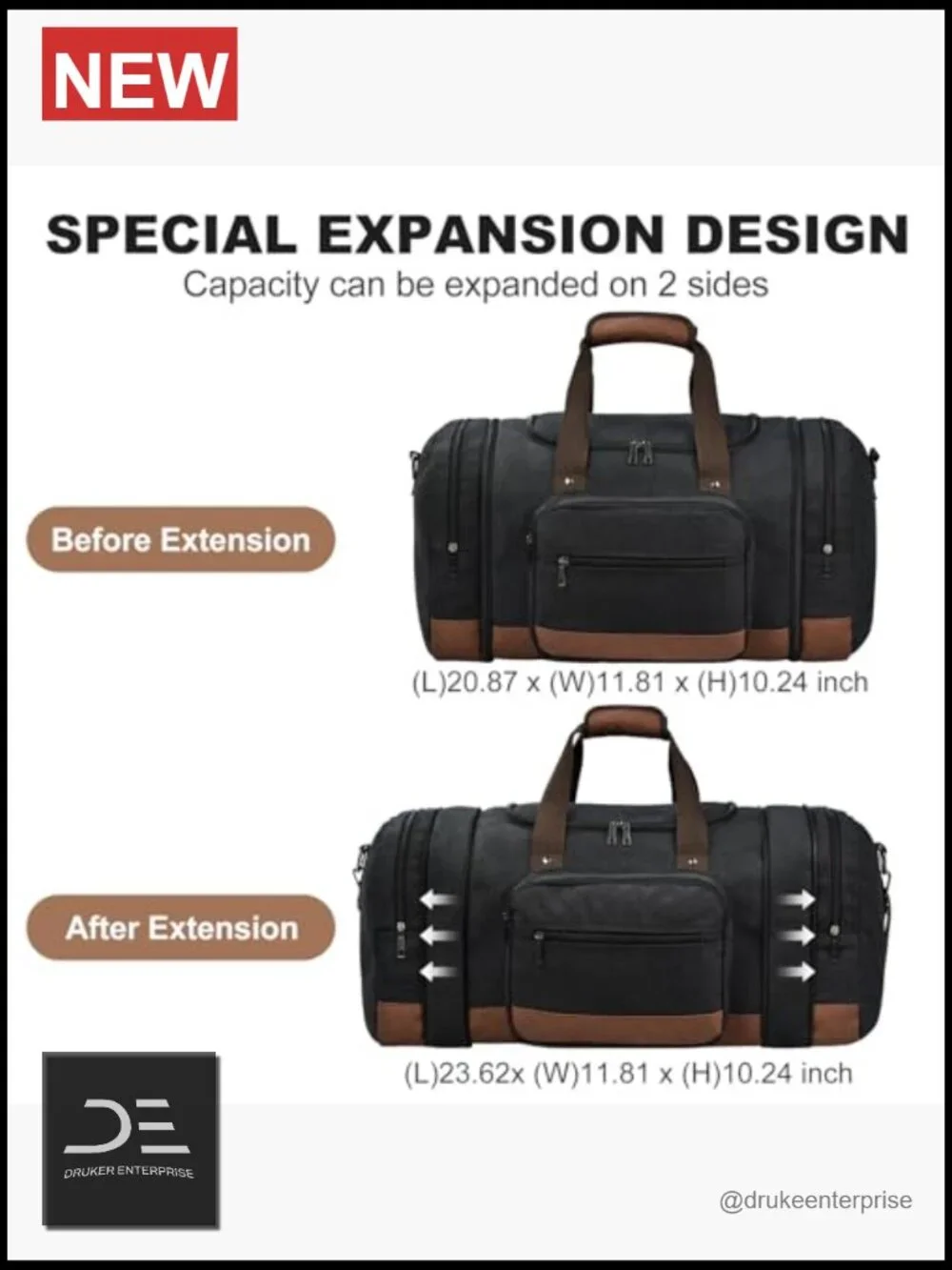 Canvas Expandable Travel Duffel Bag, 50L Carry On Weekender Gym Bag